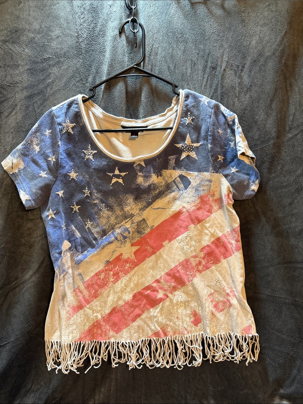 Rock & Republic Short Sleeve Flag Fringe Tee - Blue, Red & White